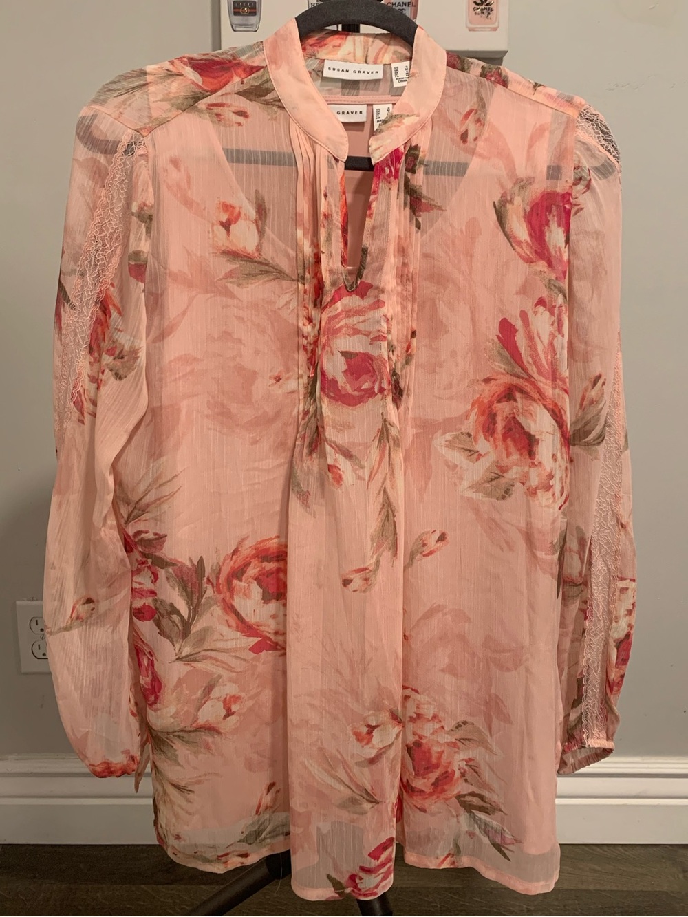 Susan Graver Sheer Floral Pink Peasant Blouse - GB039